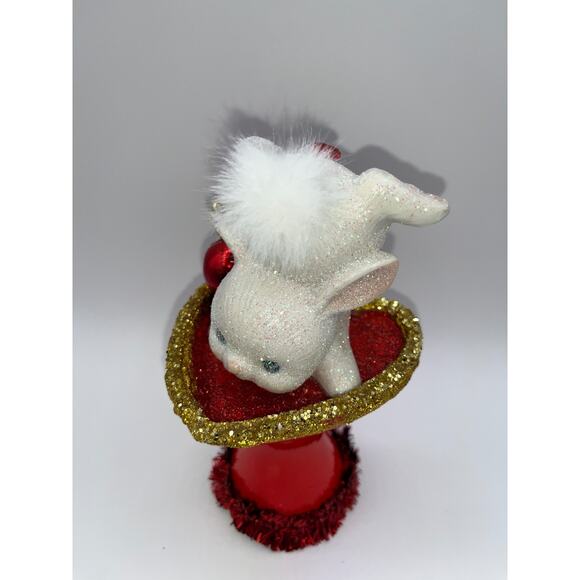 Vintage Tumbling Bunny Red Ceramic Pedestal Heart Dish Gold Valentines Day OOAK - Picture 12 of 16